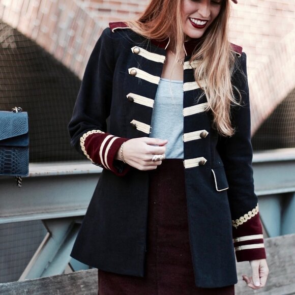 ZARA Velvet Military Jacket Navy Blue Velour Blazer Coat Rare - Picture 4 of 16